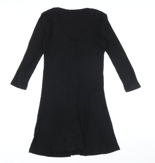 Stradivarius Womens Black Polyester A-Line Size S V-Neck Button