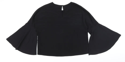 Topshop Womens Black Polyester Basic Button-Up Size 10 Round Neck - Big Sleeves