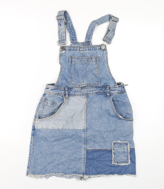Additional front view of Red Herring women’s blue cotton pinafore/dungaree dress, size UK 10, square neck zip