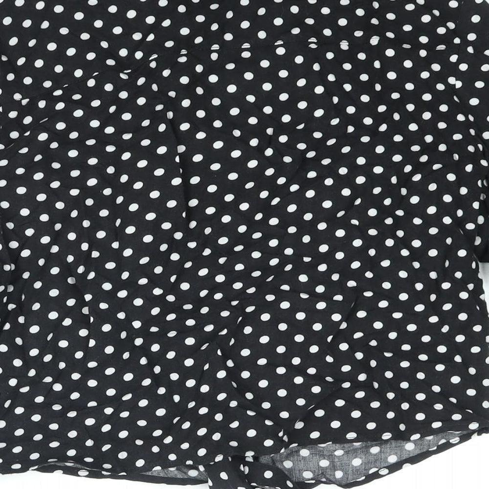 Brand and care label for H&M girls’ black polka dot viscose basic button-up, size 13, years collared button - tie detail