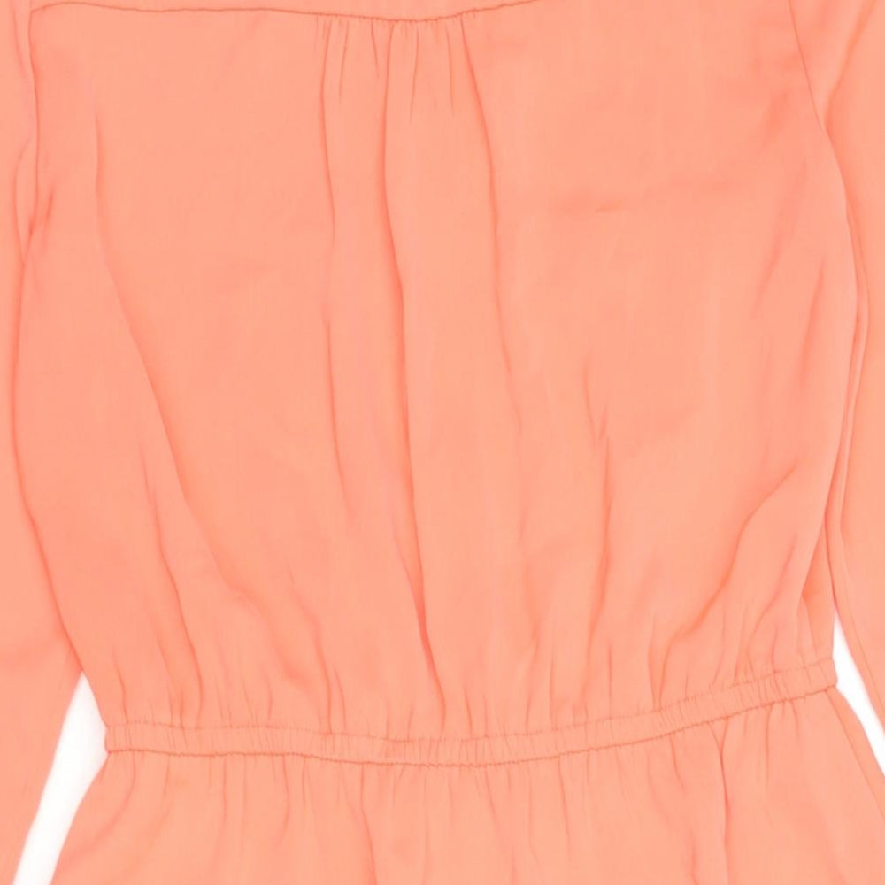 Brand and care label for Market Spruce women’s pink polyester shift, size S, v-neck pullover - embroidered cut out detail