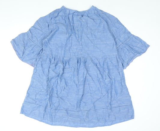 Marks and Spencer Womens Blue Cotton Shift Size M Round Neck Lace Up - Smocked Tassle