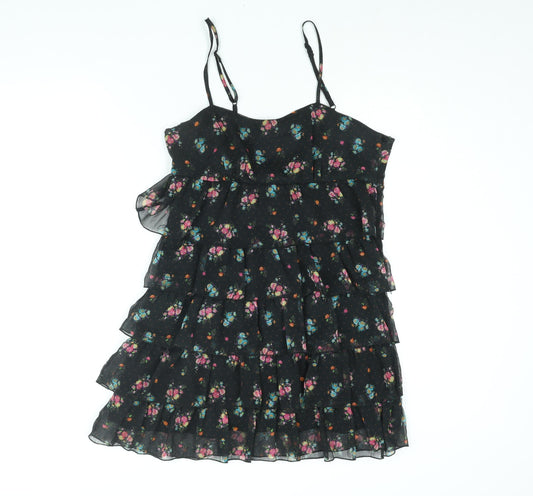 Divided by H&M Womens Black Floral Polyester Mini Size 14 Scoop Neck Zip - Layered Frill