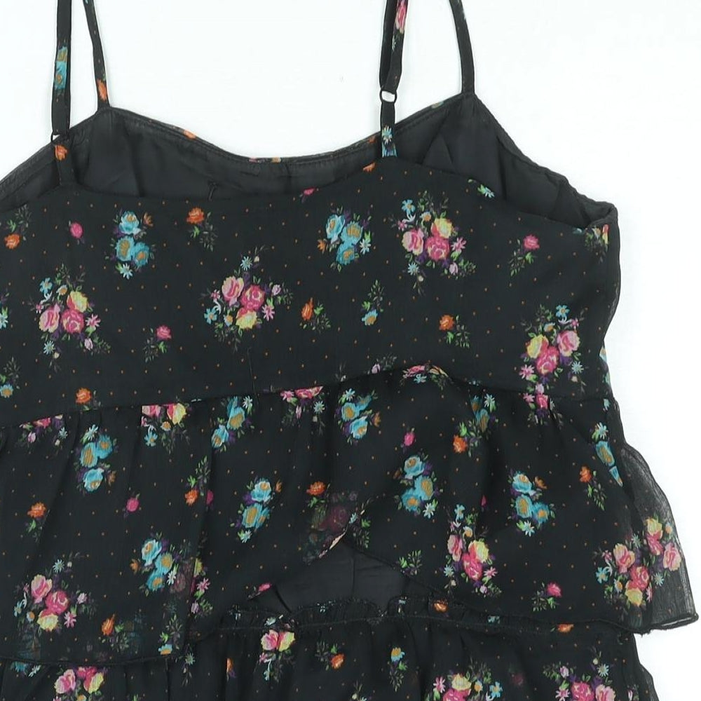 Divided by H&M Womens Black Floral Polyester Mini Size 14 Scoop Neck Zip - Layered Frill