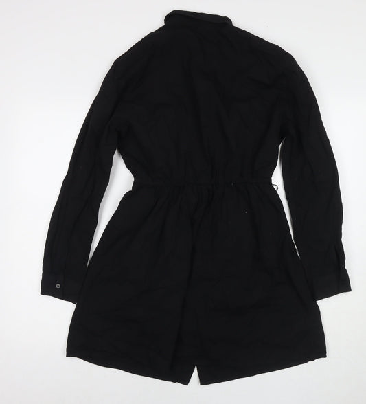 Stradivarius Womens Black Cotton Shirt Dress Size L Collared Button