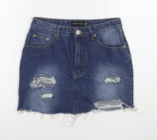 Additional front view of I SAW IT FIRST women’s blue cotton a-line skirt, size UK 8, zip - distressed
