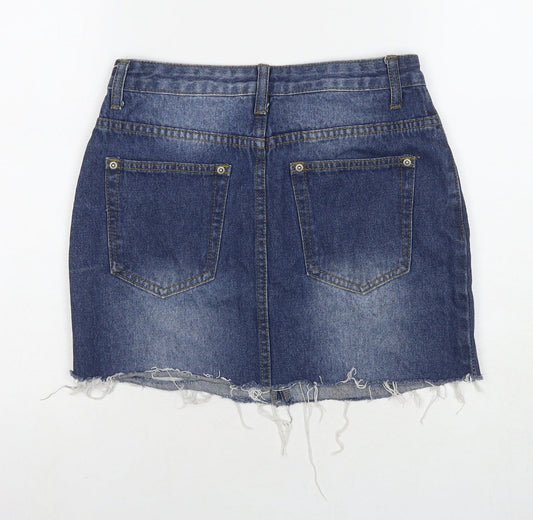 I SAW IT FIRST Womens Blue Cotton A-Line Skirt Size 8 Zip - Distressed