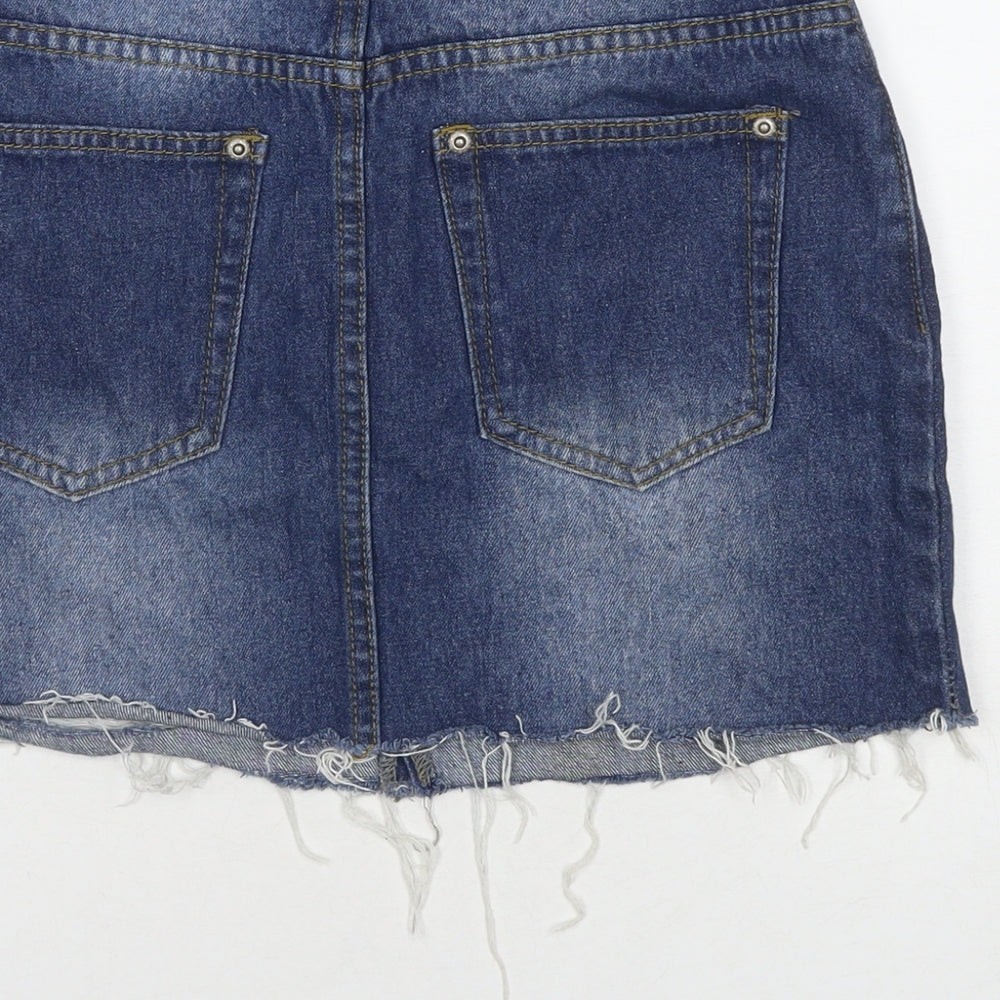 Brand and care label for I SAW IT FIRST women’s blue cotton a-line skirt, size UK 8, zip - distressed