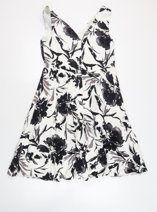 CC Womens White Floral Cotton Fit & Flare Size 14 V-Neck Zip