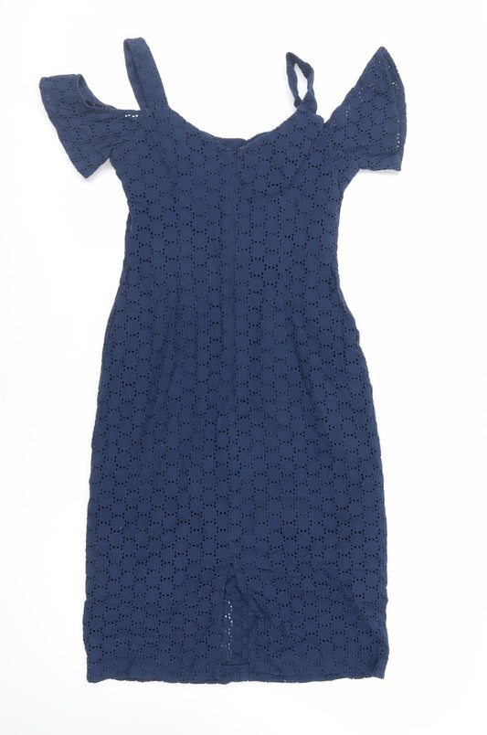 Bravissimo Womens Blue Cotton Pencil Dress Size 8 Off the Shoulder Button - Broderie Anglaise