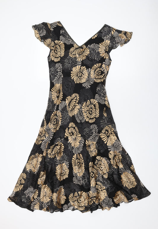 CC Womens Black Floral Viscose Shift Size 8 V-Neck Pullover