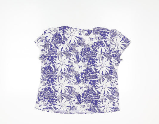 Roman Womens Blue Floral Viscose Basic T-Shirt Size L Round Neck