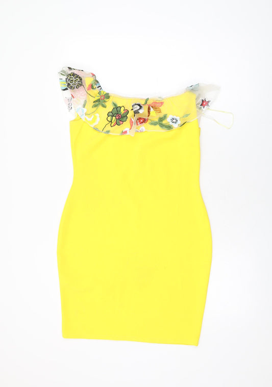Ayanapa Womens Yellow Floral Polyester Bodycon Size 14 Off the Shoulder Pullover