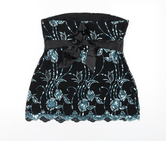 Quiz Womens Black Geometric Nylon Basic T-Shirt Size 14 Square Neck