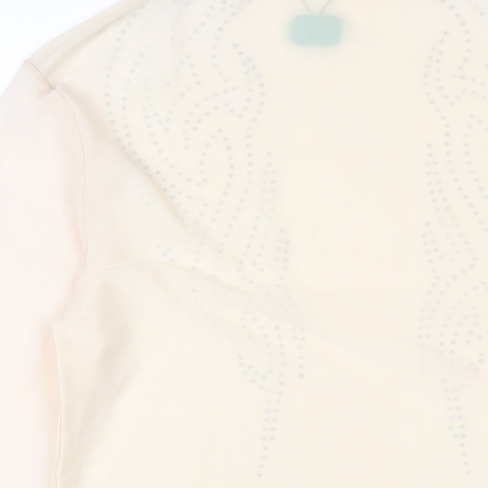 Brand and care label for ASOS women’s beige polyester bodycon, size M, mock neck pullover