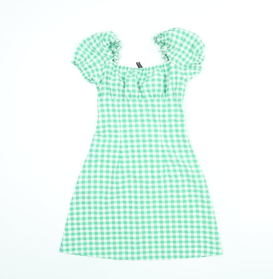 Divided by H&M Womens Green Gingham Polyester A-Line Size 4 Sweetheart Button