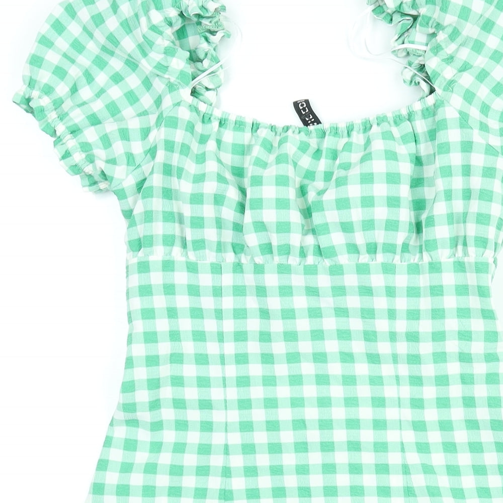 Divided by H&M Womens Green Gingham Polyester A-Line Size 4 Sweetheart Button