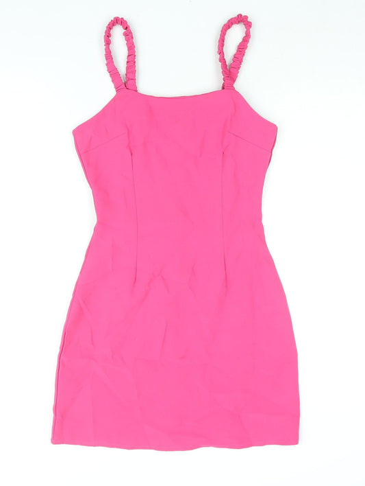 Additional front view of Missguided women’s pink polyester bodycon, size UK 6, square neck zip