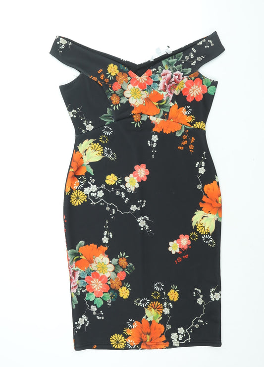 Additional front view of Red Herring women’s black floral polyester bodycon, size UK 10, off the shoulder pullover