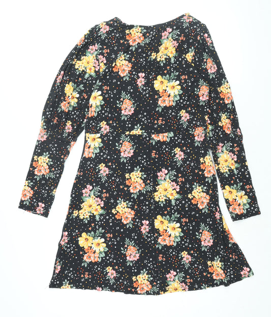 Dorothy Perkins Womens Black Floral Viscose A-Line Size 14 Round Neck Pullover