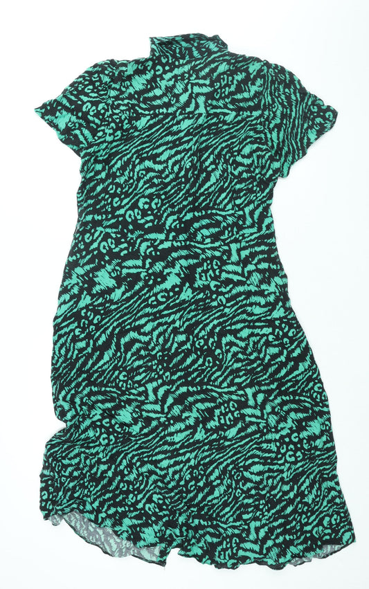 Dorothy Perkins Womens Green Animal Print Viscose Shirt Dress Size 14 Collared Button