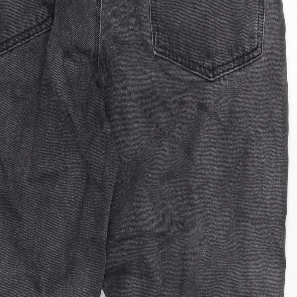 Brand and care label for ASOS men’s grey cotton straight jeans, size 29, in, 26-inch leg regular button