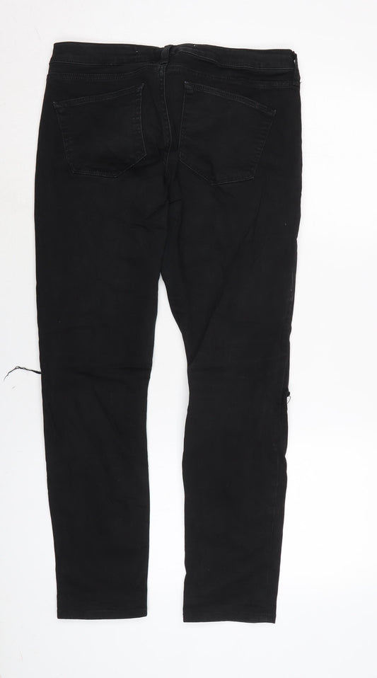 Denim & Co. Womens Black Cotton Blend Straight Jeans Size 14 L27 in Regular Zip - Distressed