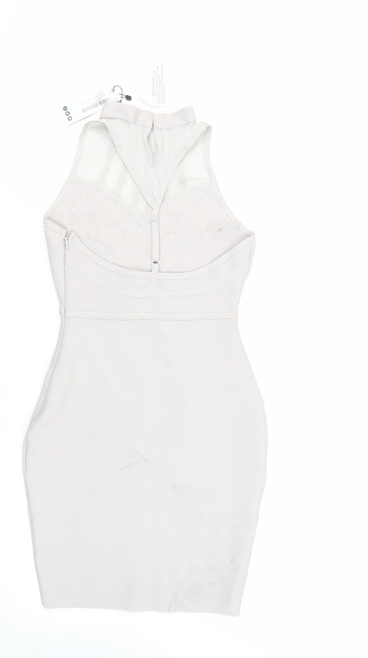 Boohoo Womens Grey Polyester Bodycon Size 8 Halter Hook & Eye - Embellished