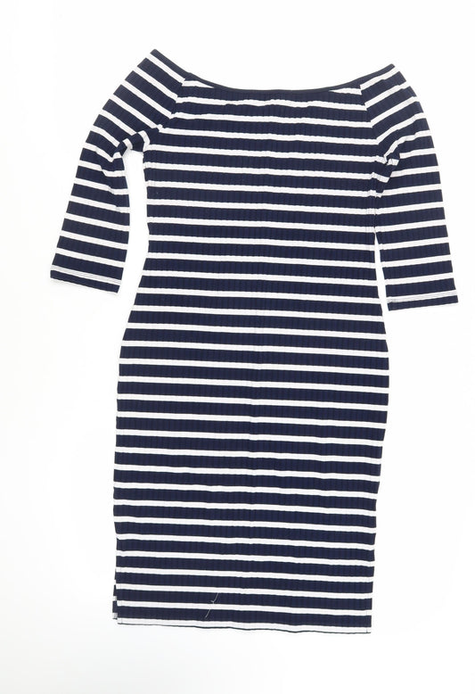 Very Womens Blue Striped Polyester Bodycon Size 14 Boat Neck Pullover - Ribbed