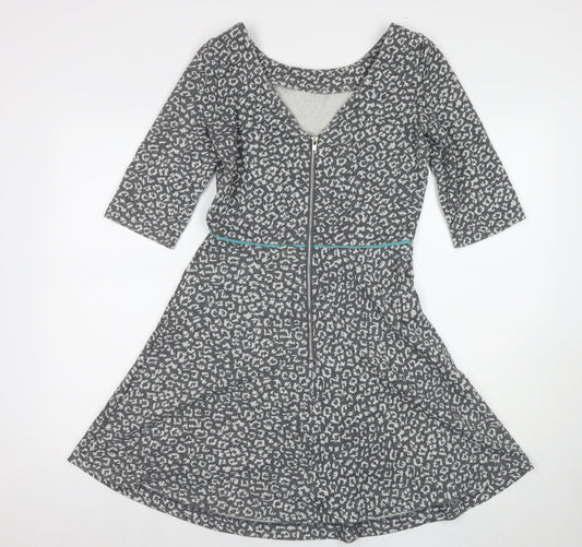 Louche Womens Grey Animal Print Polyester A-Line Size 12 Round Neck Zip