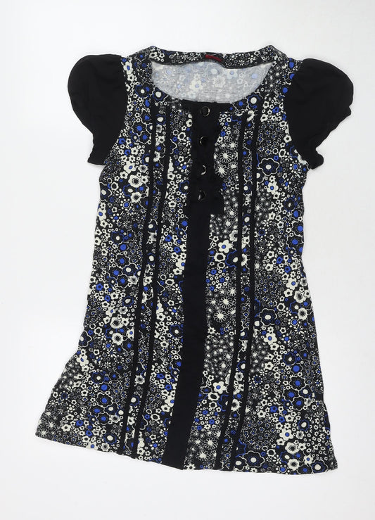 Additional front view of Miss Selfridge women’s black floral viscose a-line, size UK 12, round neck pullover