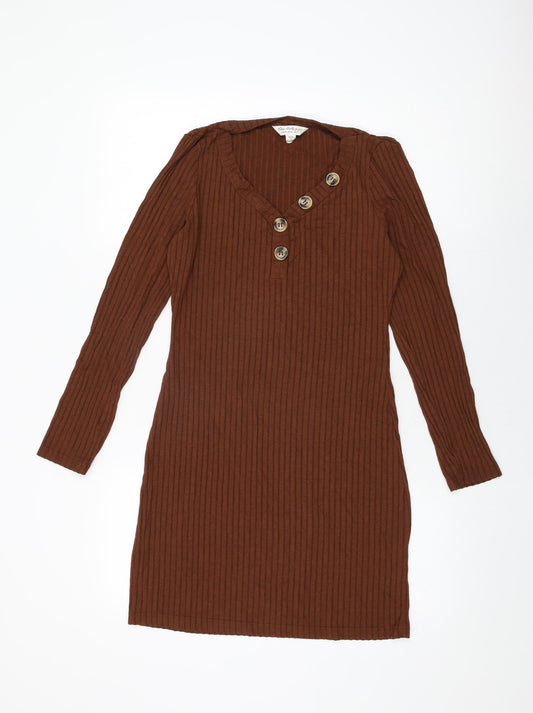 Additional front view of Miss Selfridge women’s brown polyester shift, size UK 14, v-neck pullover
