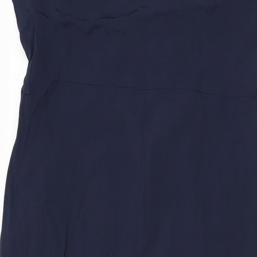Brand and care label for Autograph women’s blue viscose jumpsuit one-piece, size UK 12, 28-inch leg pullover