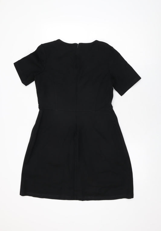 Warehouse Womens Black Floral Cotton A-Line Size 14 Round Neck Zip