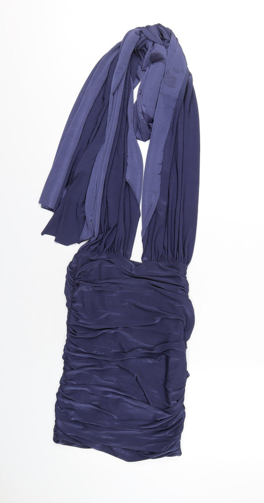 Additional front view of Missguided women’s blue polyester bodycon, size UK 8, halter tie