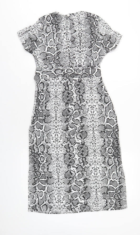 Boohoo Womens Black Animal Print Polyester A-Line Size 8 Round Neck Button