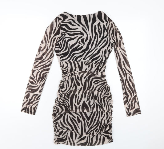 Pink Vanilla Womens Black Animal Print Polyester Bodycon Size 6 V-Neck Pullover - Zebra Print
