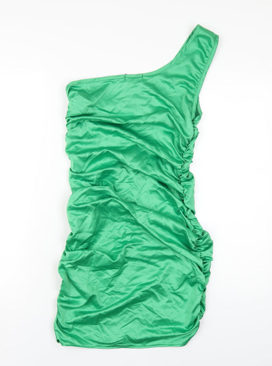 PRETTYLITTLETHING Womens Green Polyester Bodycon Size 12 One Shoulder Zip