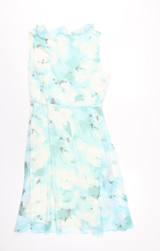 M&Co Womens Blue Floral Polyester A-Line Size 12 V-Neck Zip
