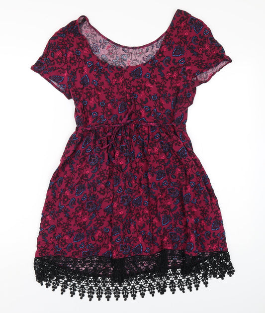 New Look Womens Pink Geometric Viscose A-Line Size 10 Scoop Neck Zip