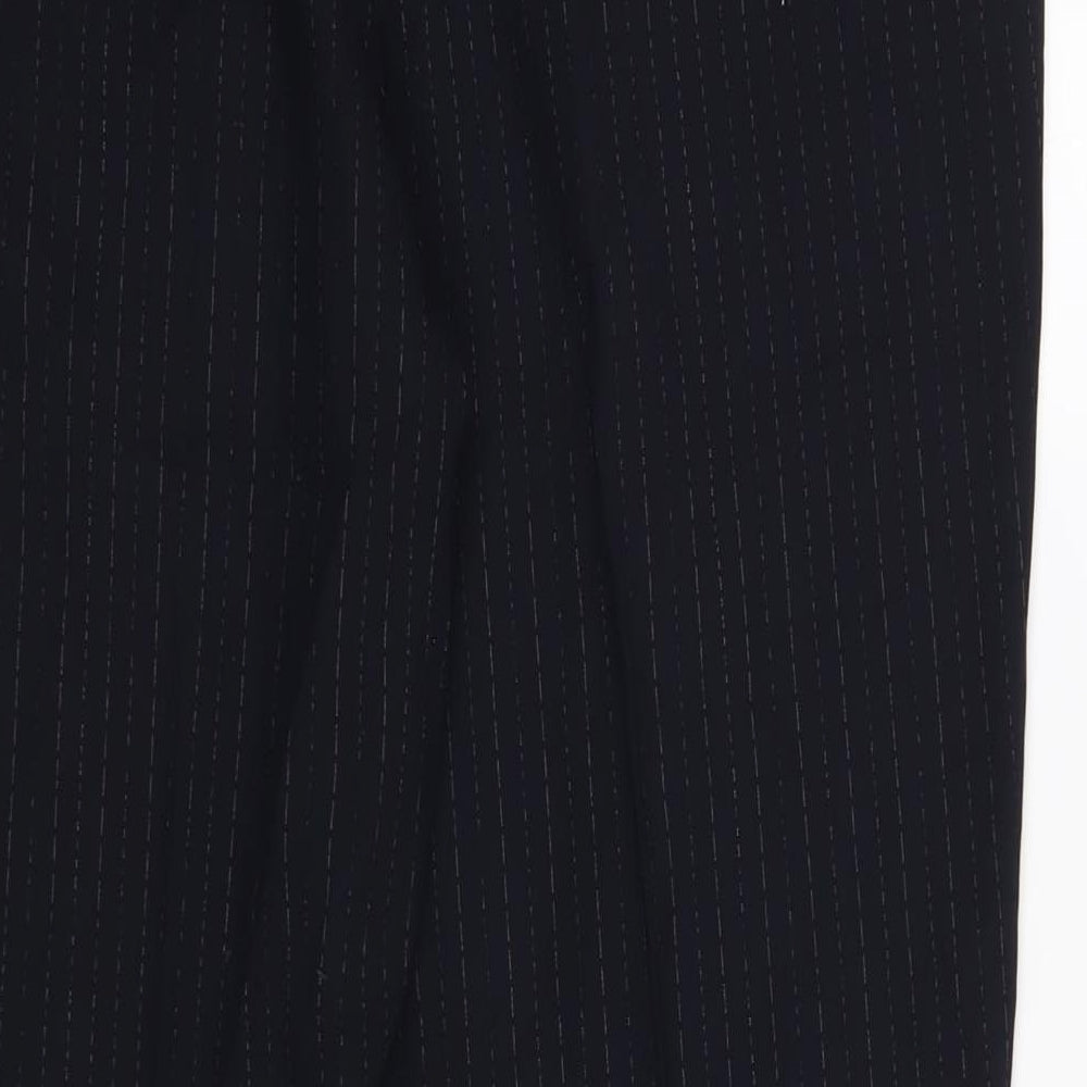 Brand and care label for Autograph women’s blue striped polyester dress pants trousers, size UK 14, 27-inch leg slim zip