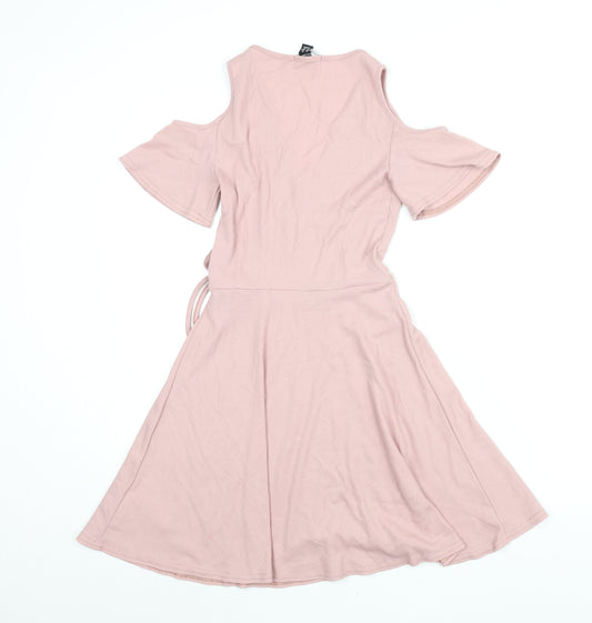 New Look Womens Pink Polyester Wrap Dress Size 8 Round Neck Tie - Cold Shoulder