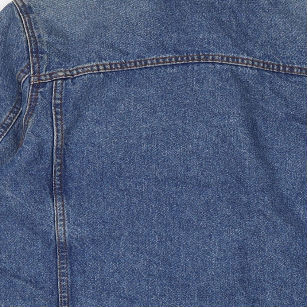 Brand and care label for Denim & Co. women’s blue biker jacket, size UK 10, button