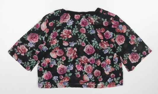 Divided by H&M Womens Black Floral Polyester Basic T-Shirt Size 10 Round Neck