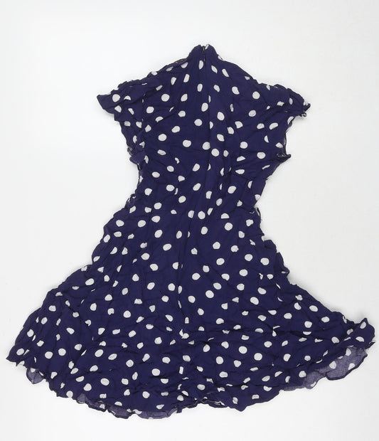 Dorothy Perkins Womens Blue Polka Dot Viscose Fit & Flare Size 10 V-Neck Zip