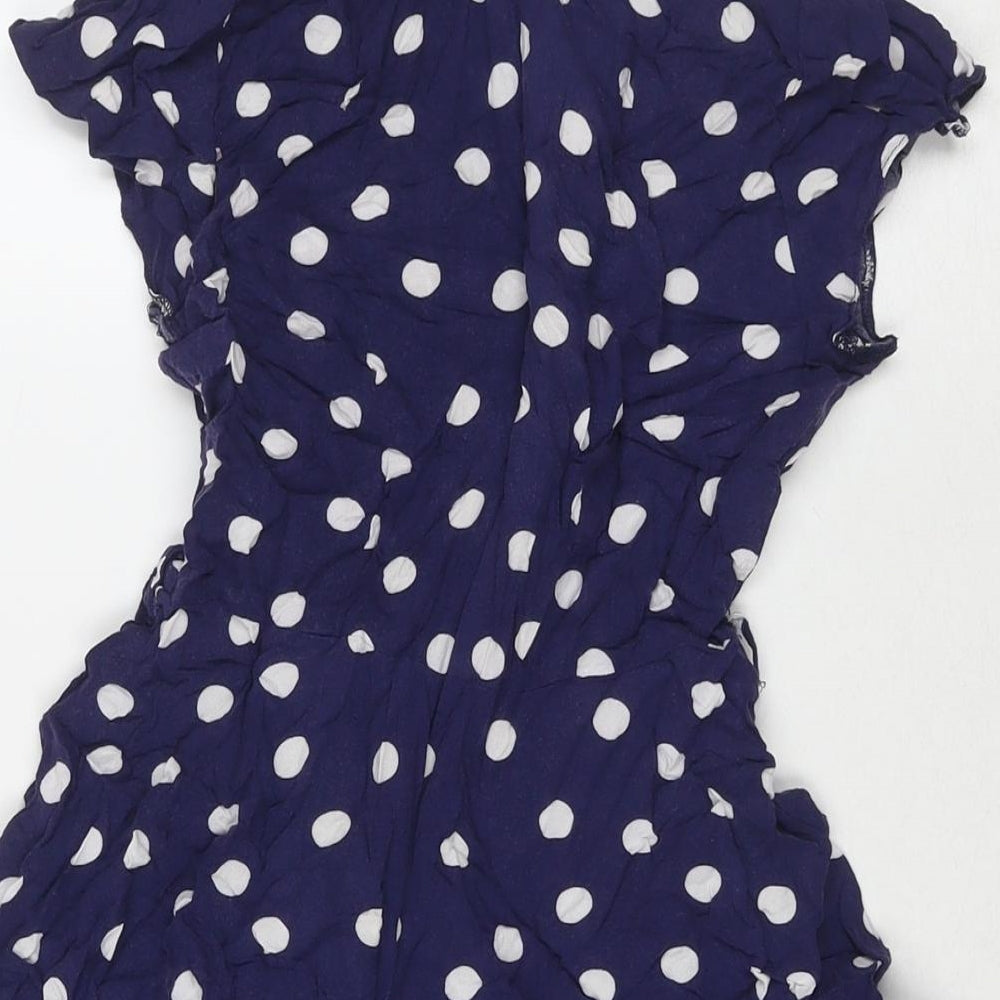 Dorothy Perkins Womens Blue Polka Dot Viscose Fit & Flare Size 10 V-Neck Zip