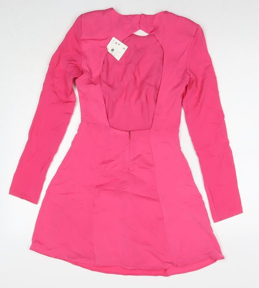 Bershka Womens Pink Polyester A-Line Size XS Round Neck Button - Shoulder Pads
