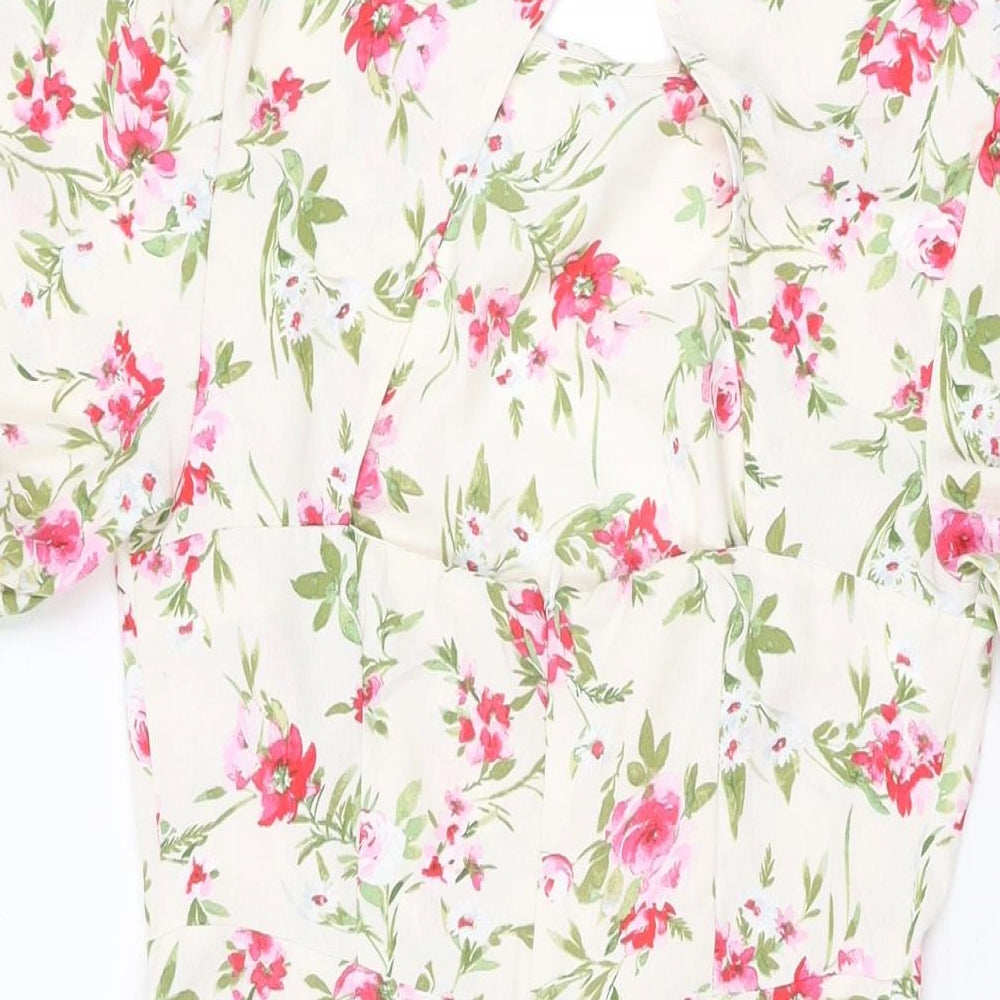 New Look Womens Ivory Floral Polyester A-Line Size 8 Round Neck Zip