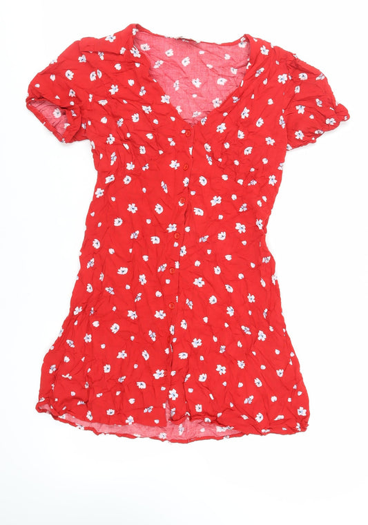 Apricot Womens Red Floral Viscose Mini Size 10 V-Neck Button