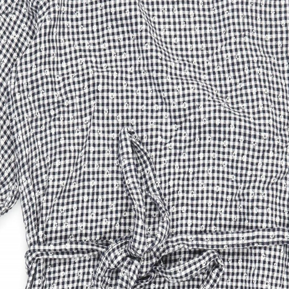 NEXT Womens Black Gingham Linen Wrap Dress Size 16 V-Neck Tie - Ruffle